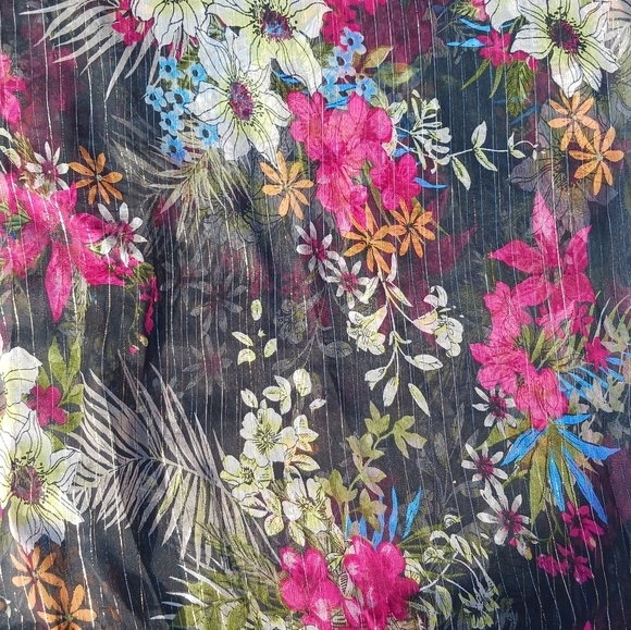 Kimono Black Pink Gold Floral Sheer Fringe Cardigan One Size - Picture 8 of 10